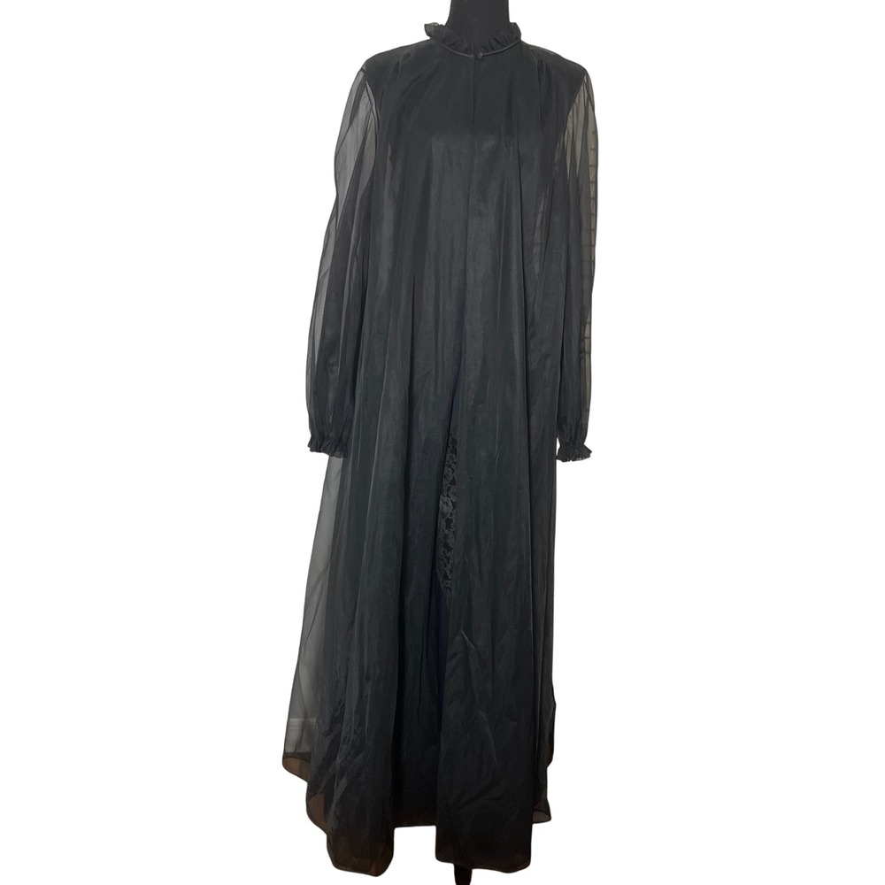 Vtg  70s Vanity Fair Blk Peignoir Set Sheer‎ Maxi Nightgown Whimsigoth Coquette